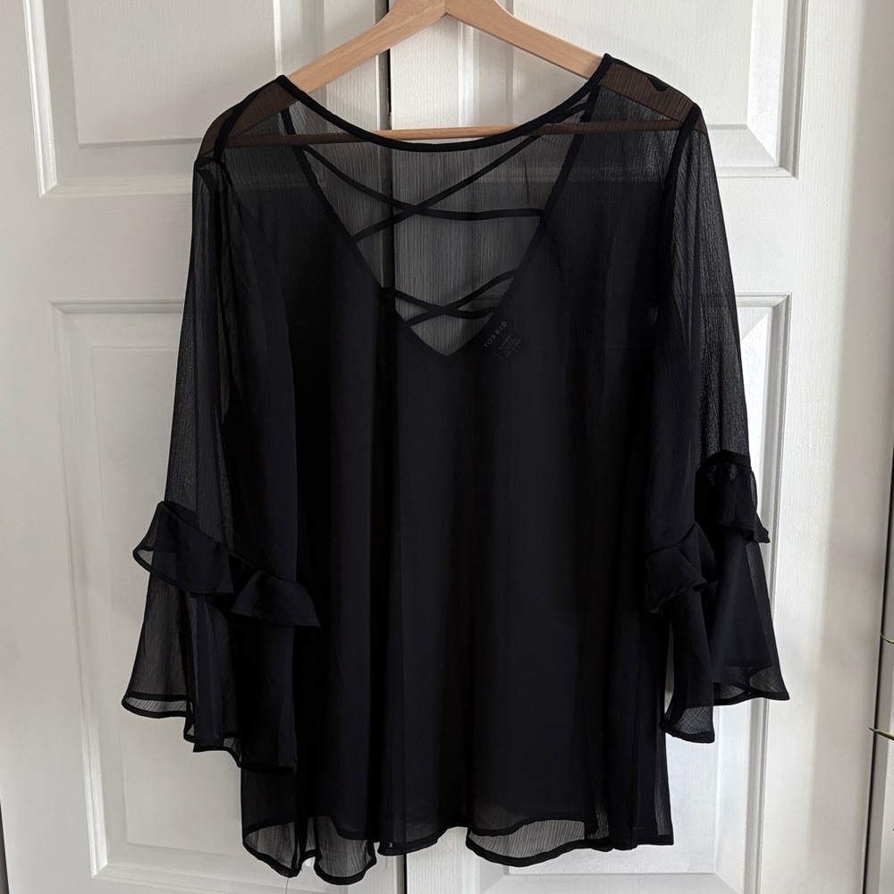 Torrid Black Sheer Crisscross Blouse, Size 1X Plus